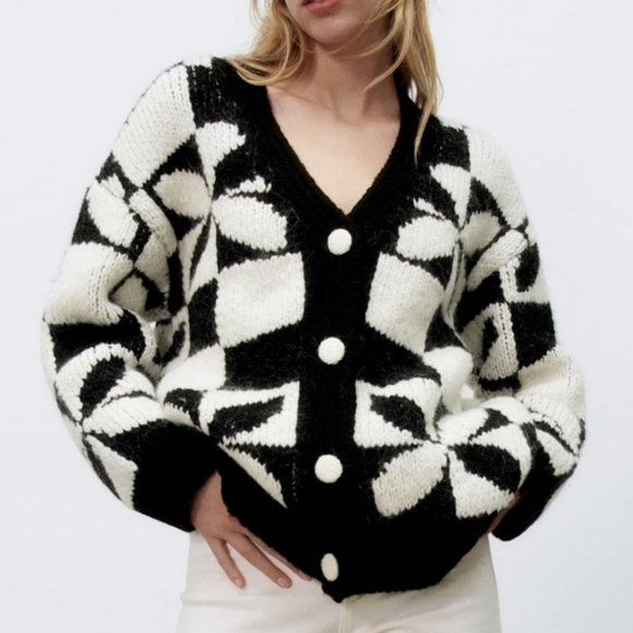 NWT* Zara Black White Checkered   Long Oversized Cardigan - Picture 10 of 16